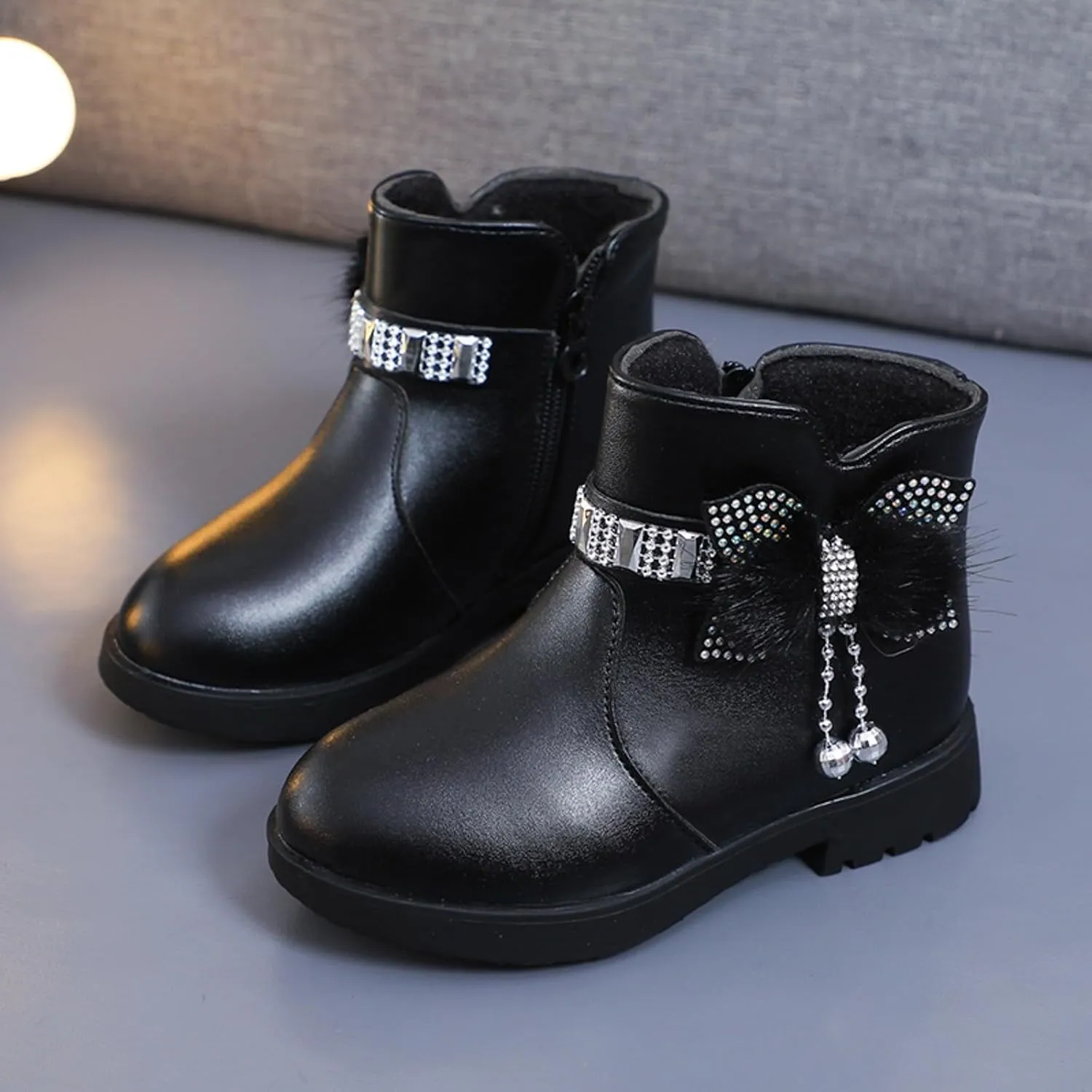 Kids Ankle Boots for Girls Side Zipper Round Toe Casual Short Booties Short Glitter Side Zipper Casual Shoes