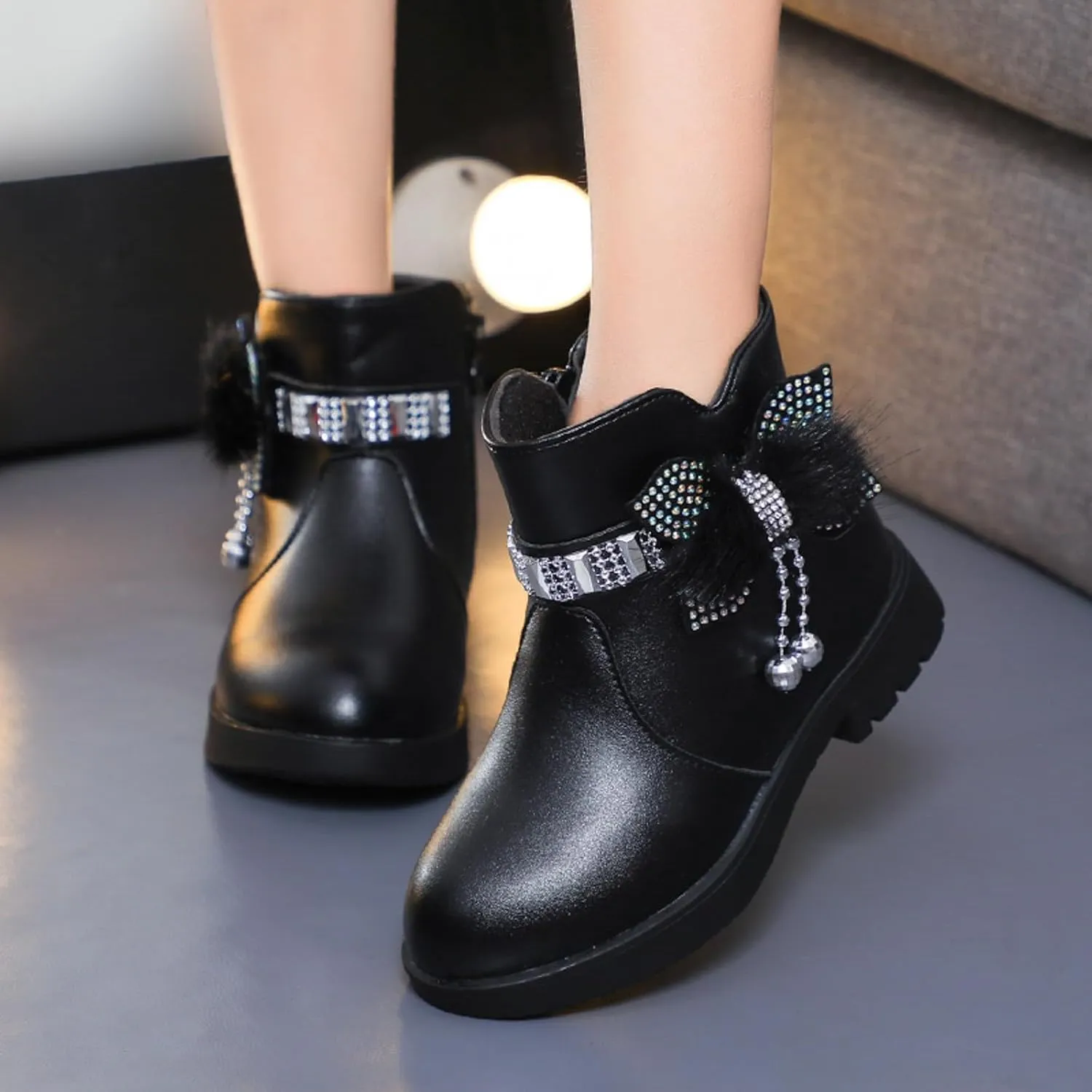Kids Ankle Boots for Girls Side Zipper Round Toe Casual Short Booties Short Glitter Side Zipper Casual Shoes