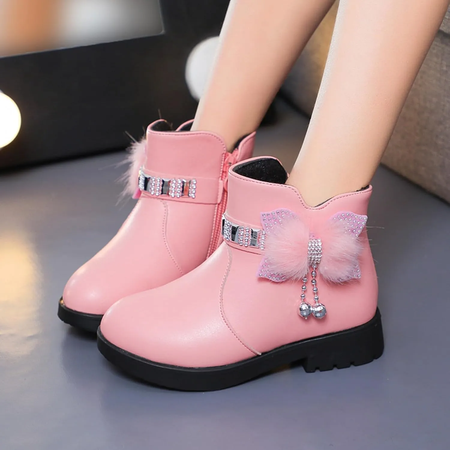 Kids Ankle Boots for Girls Side Zipper Round Toe Casual Short Booties Short Glitter Side Zipper Casual Shoes