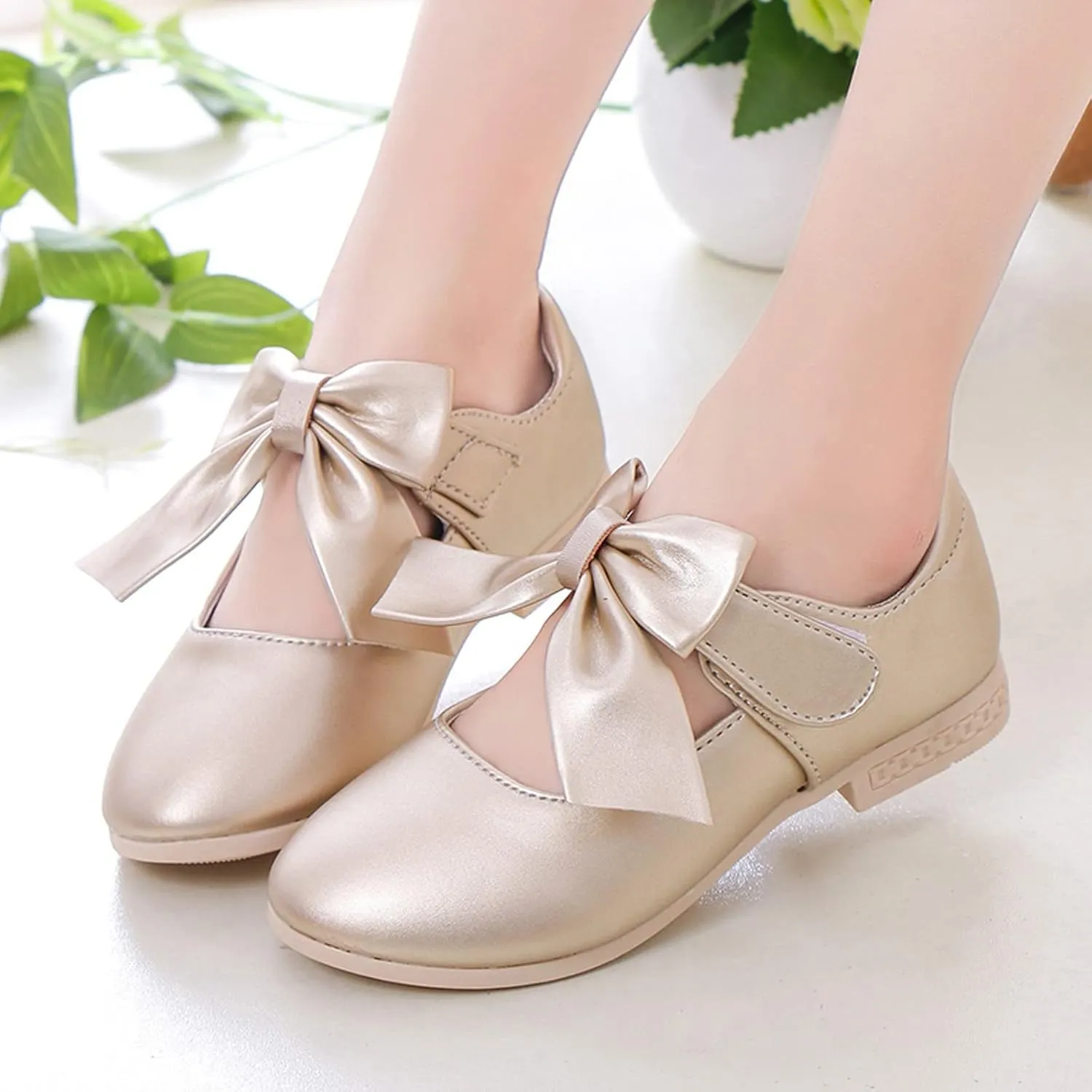 Kids Ballet Shoes Flower Girls Mary Jane Flats with Bow Dress Shoes Party Wedding Church Shoes for Toddler Girl