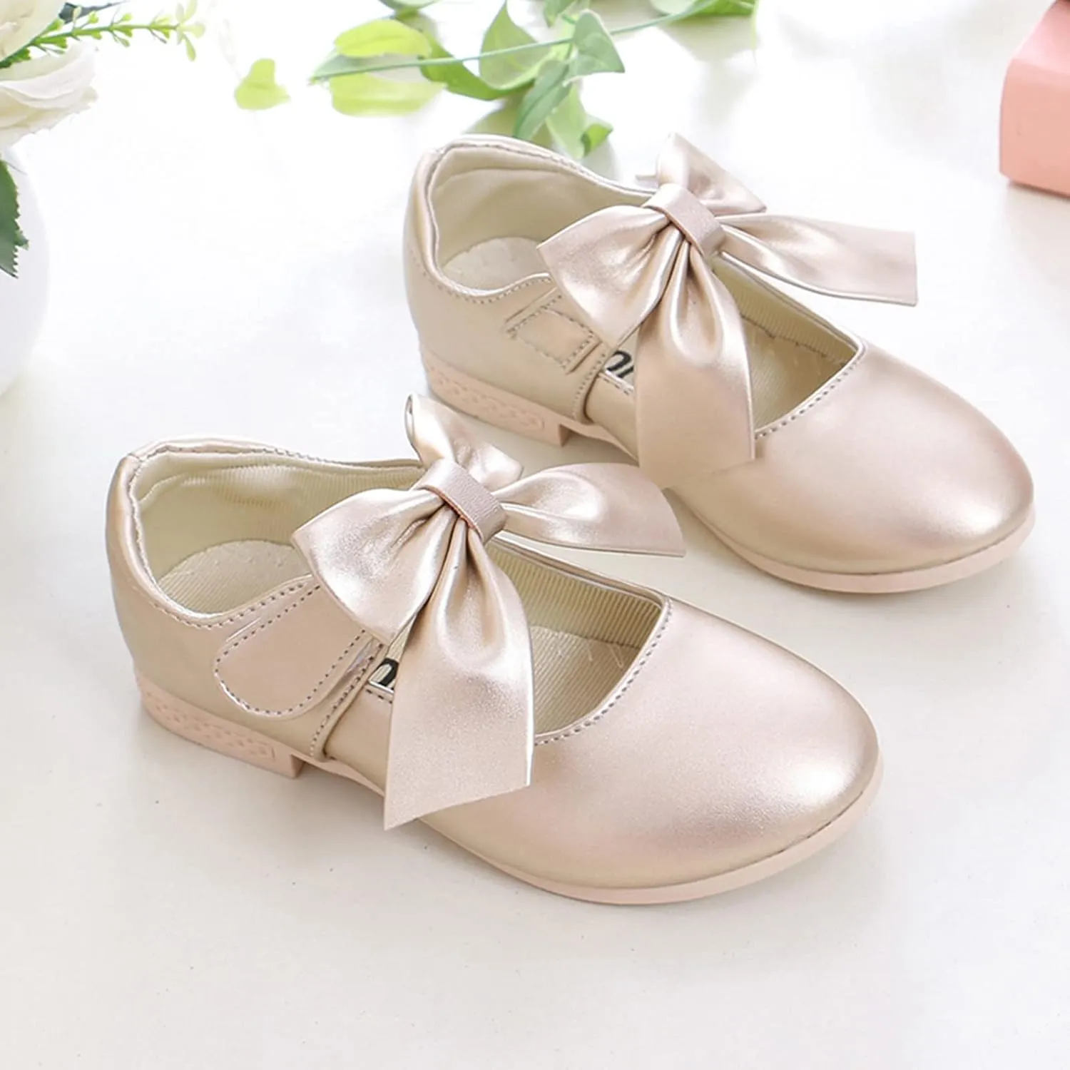 Kids Ballet Shoes Flower Girls Mary Jane Flats with Bow Dress Shoes Party Wedding Church Shoes for Toddler Girl