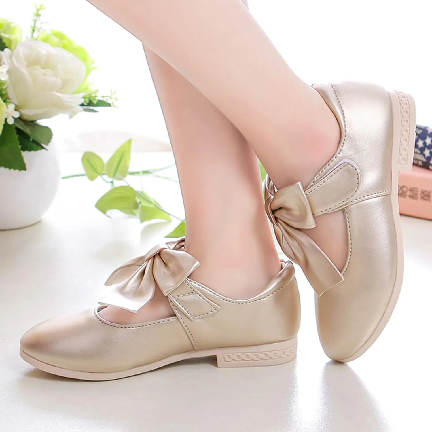 Kids Ballet Shoes Flower Girls Mary Jane Flats with Bow Dress Shoes Party Wedding Church Shoes for Toddler Girl