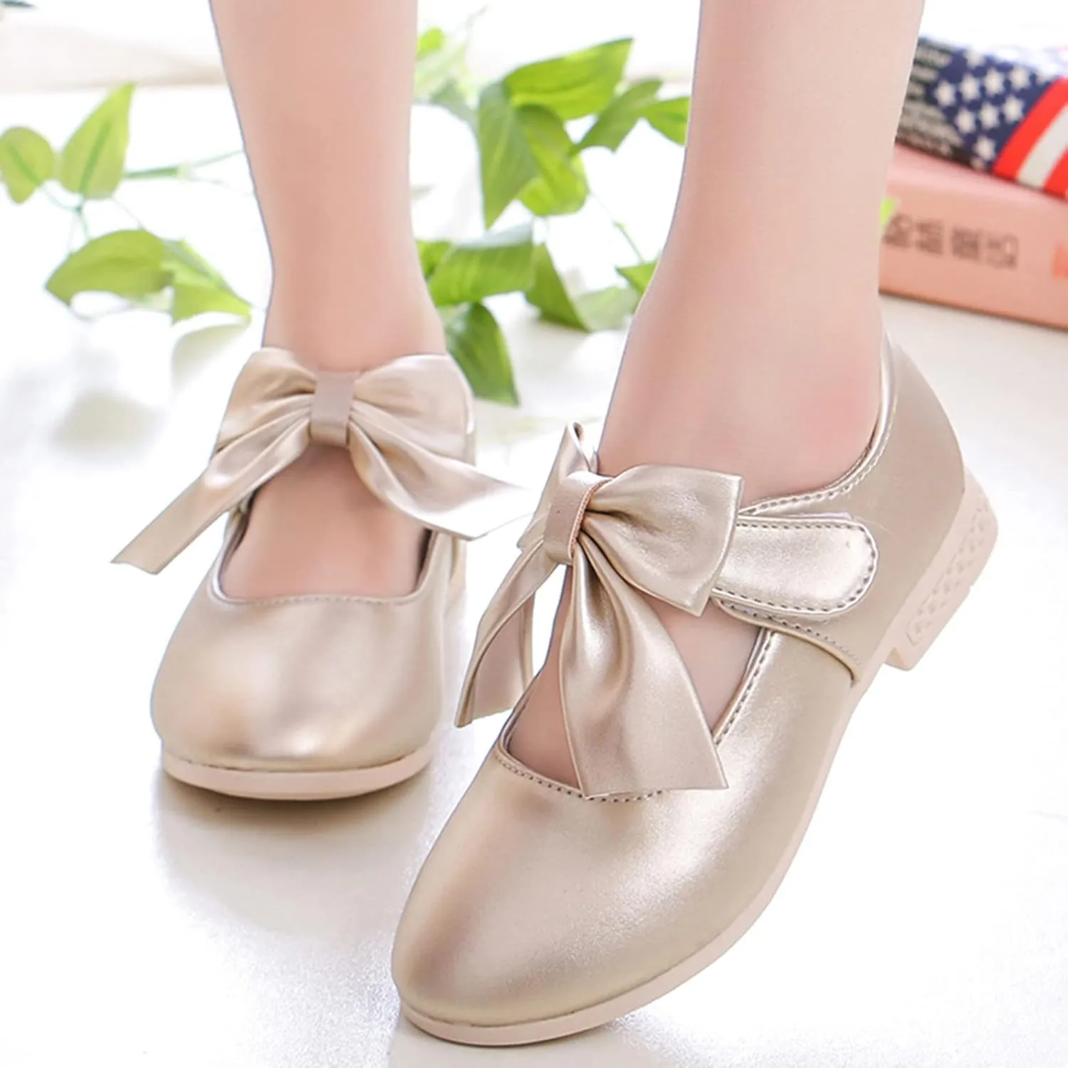 Kids Ballet Shoes Flower Girls Mary Jane Flats with Bow Dress Shoes Party Wedding Church Shoes for Toddler Girl