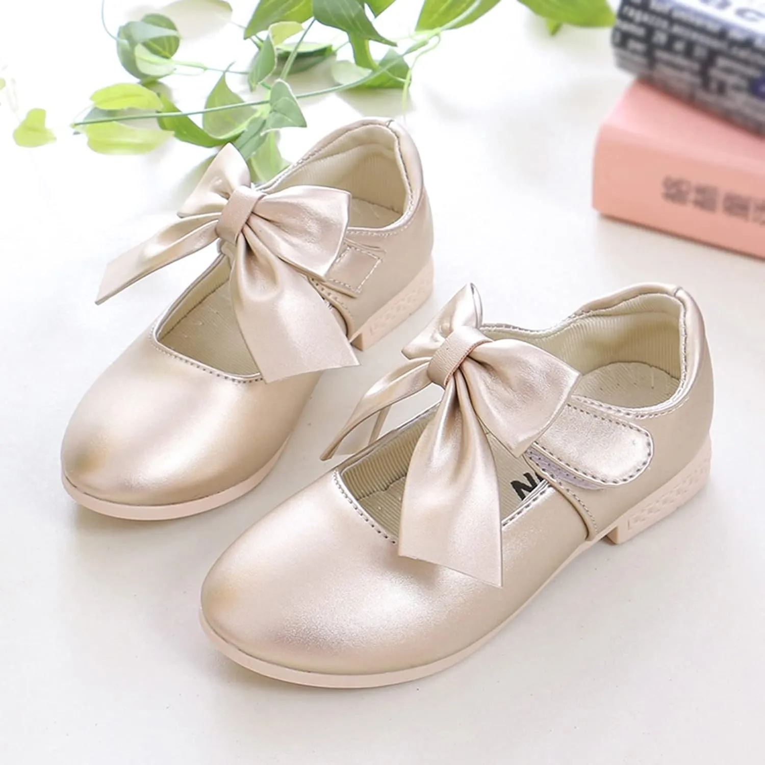 Kids Ballet Shoes Flower Girls Mary Jane Flats with Bow Dress Shoes Party Wedding Church Shoes for Toddler Girl