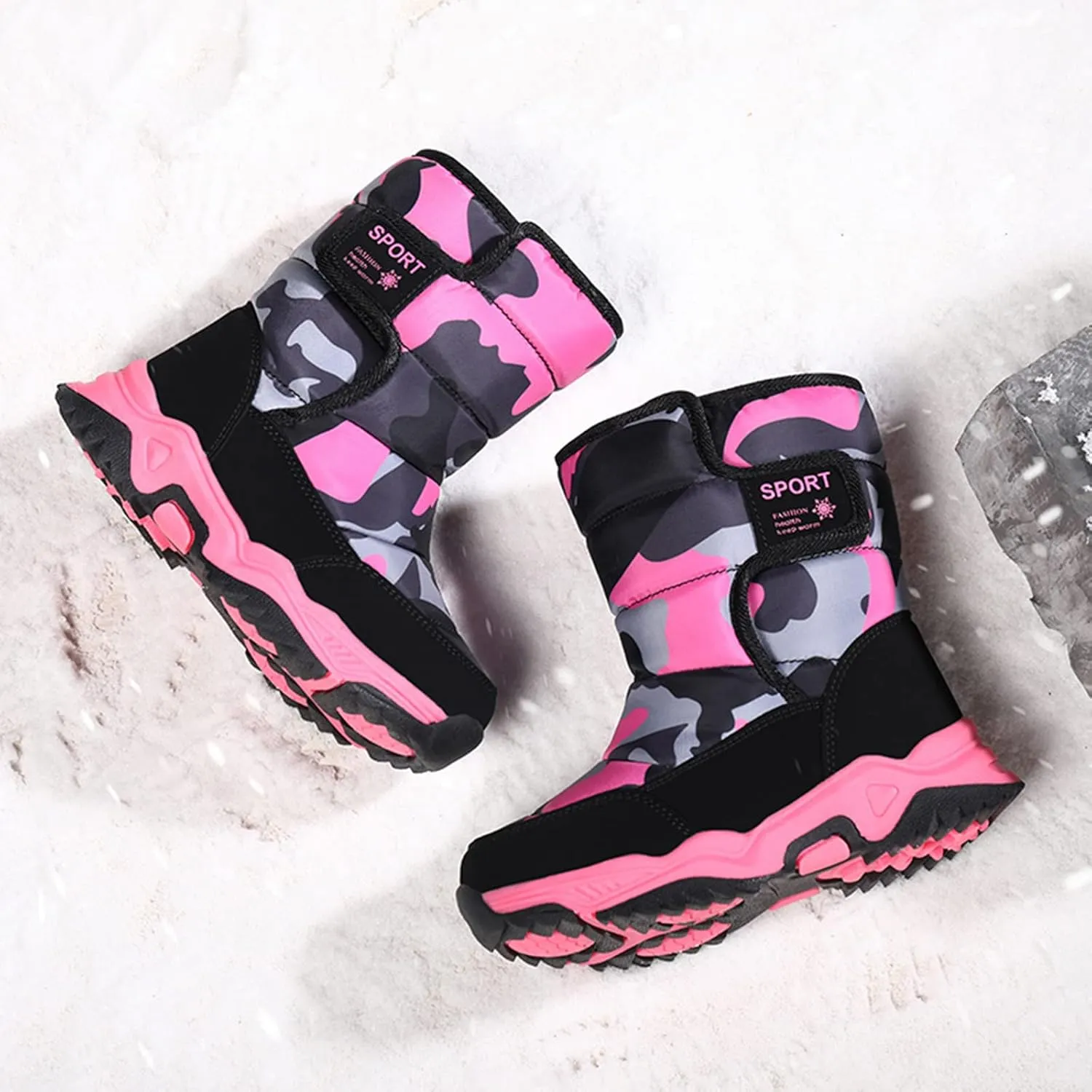 Kids Boys Girls Snow Boots Faux Fur Lined Mid Calf Shoes Waterproof Cold Weather Snow Boots for Girls