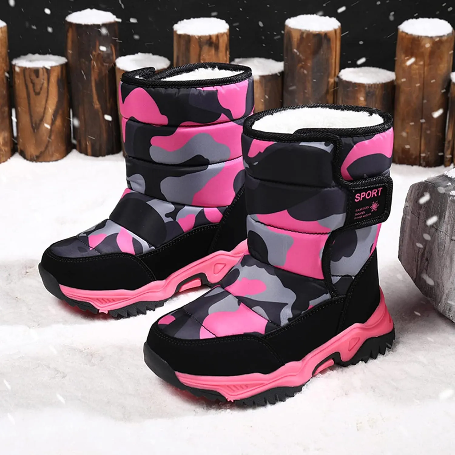 Kids Boys Girls Snow Boots Faux Fur Lined Mid Calf Shoes Waterproof Cold Weather Snow Boots for Girls