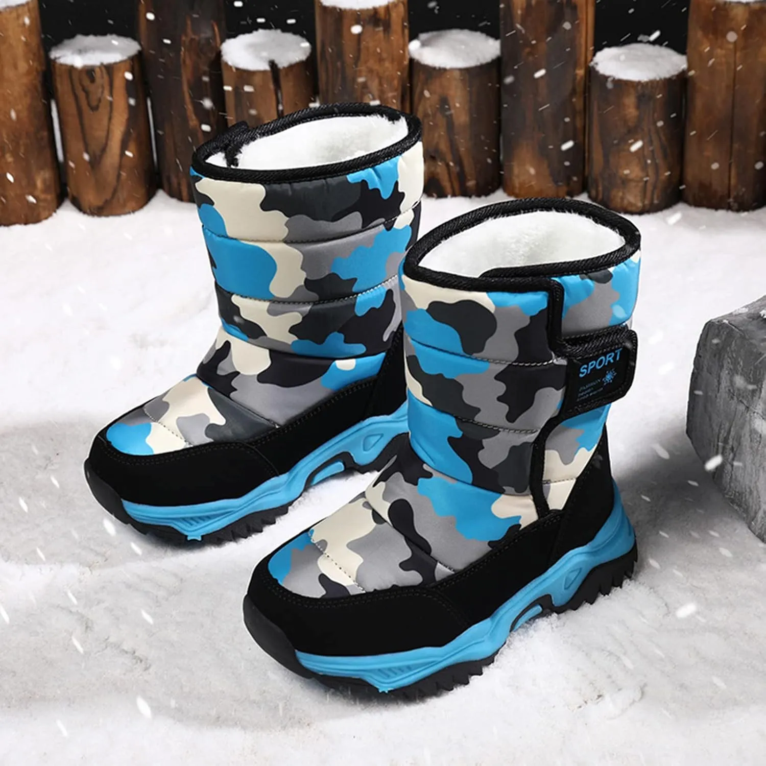 Kids Boys Girls Snow Boots Faux Fur Lined Mid Calf Shoes Waterproof Cold Weather Snow Boots for Girls