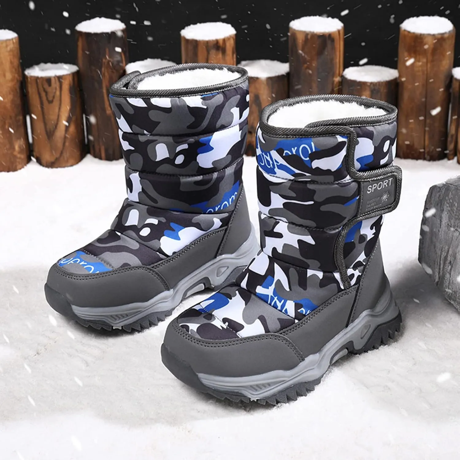 Kids Boys Girls Snow Boots Faux Fur Lined Mid Calf Shoes Waterproof Cold Weather Snow Boots for Girls