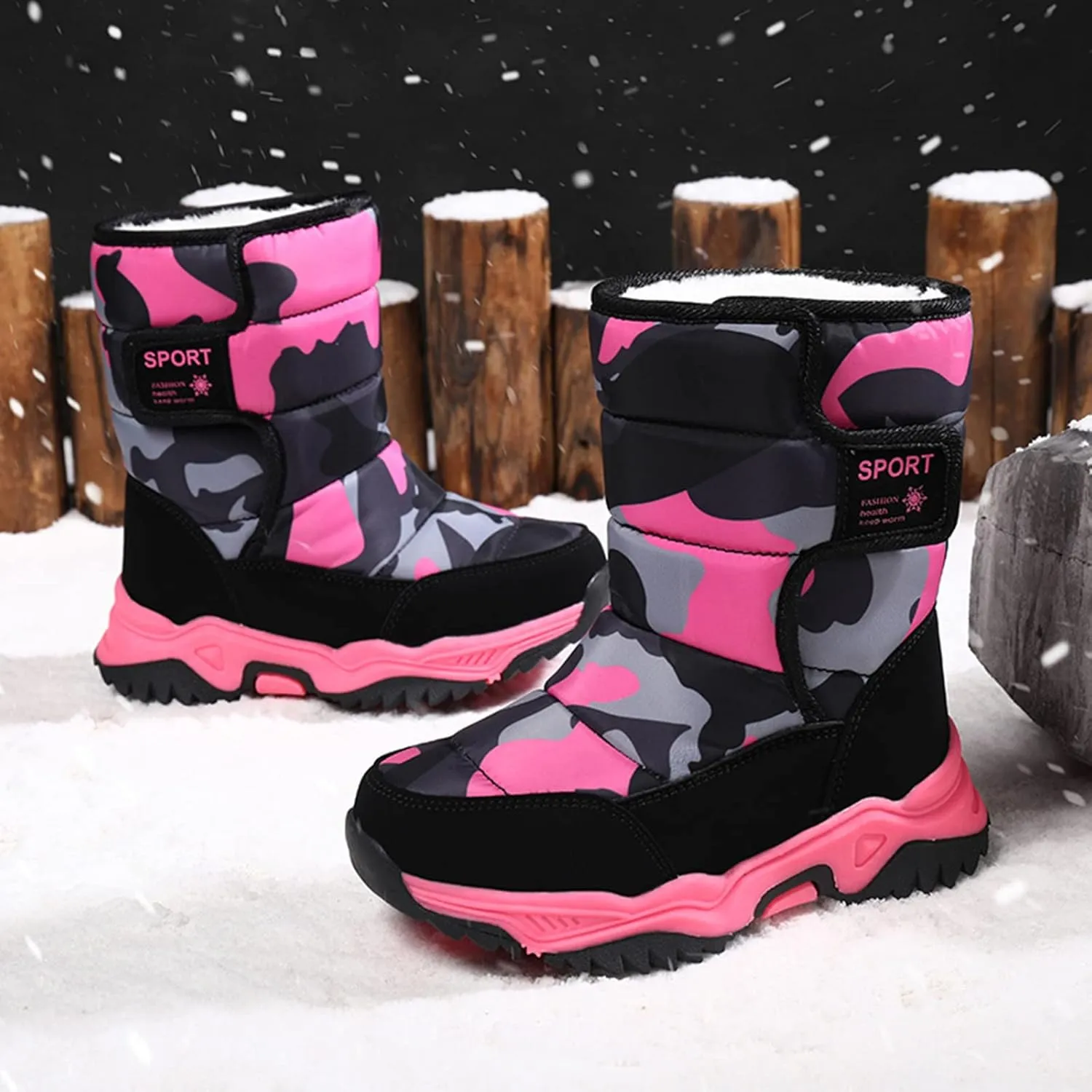 Kids Boys Girls Snow Boots Faux Fur Lined Mid Calf Shoes Waterproof Cold Weather Snow Boots for Girls