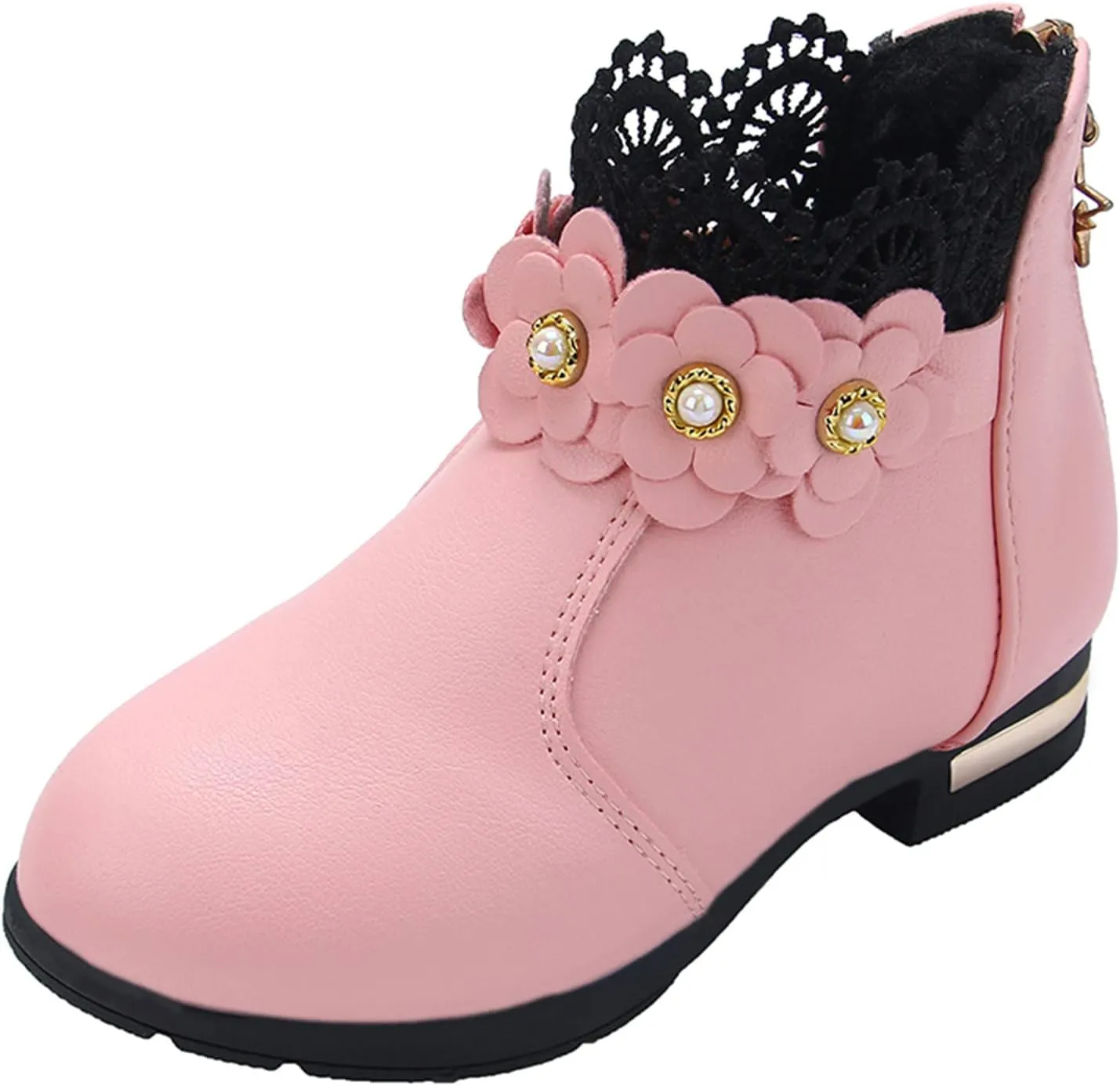 Kids Girls Ankle Boots With Side Buckle Zipper Lace Trim Dress Boot Toddler Boys Girls Fragile Strap Low Heel Shoes