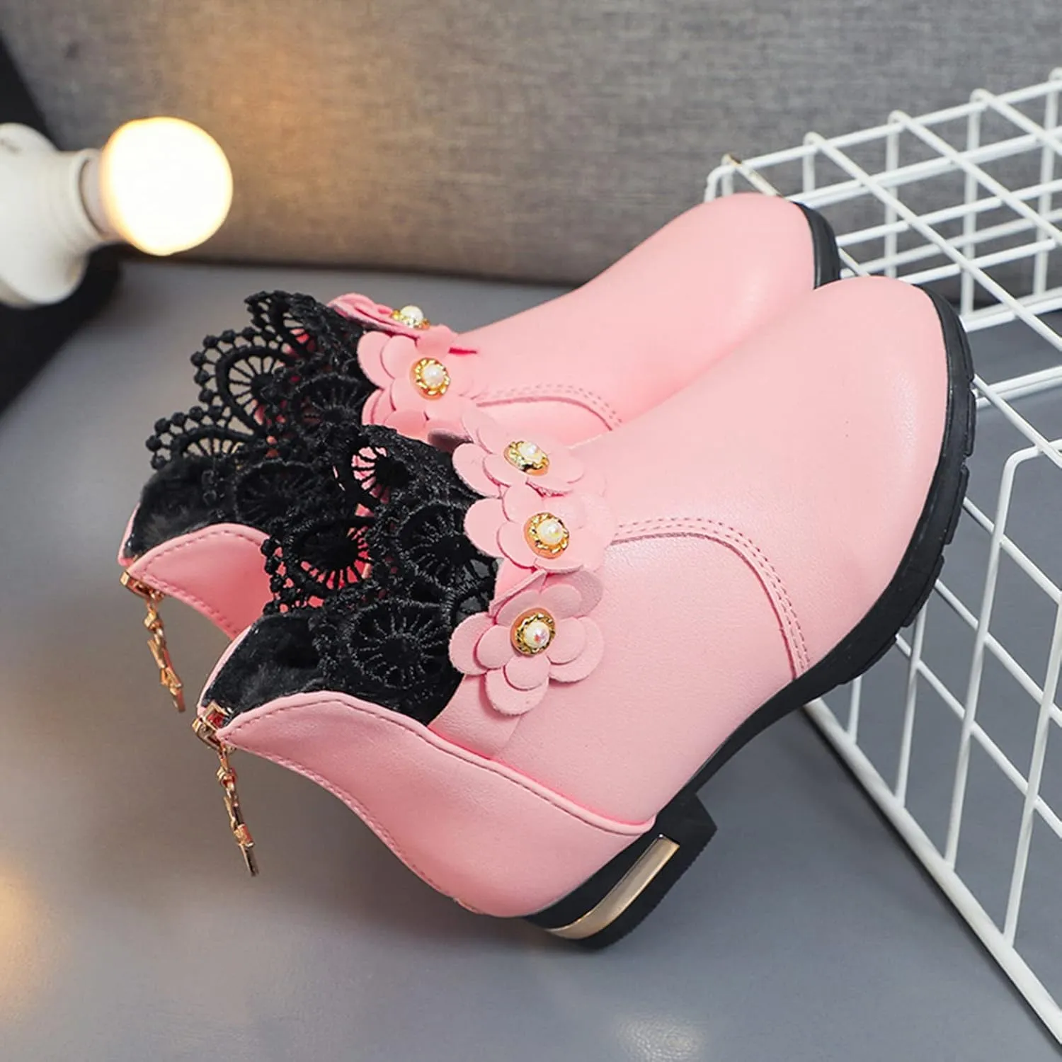 Kids Girls Ankle Boots With Side Buckle Zipper Lace Trim Dress Boot Toddler Boys Girls Fragile Strap Low Heel Shoes
