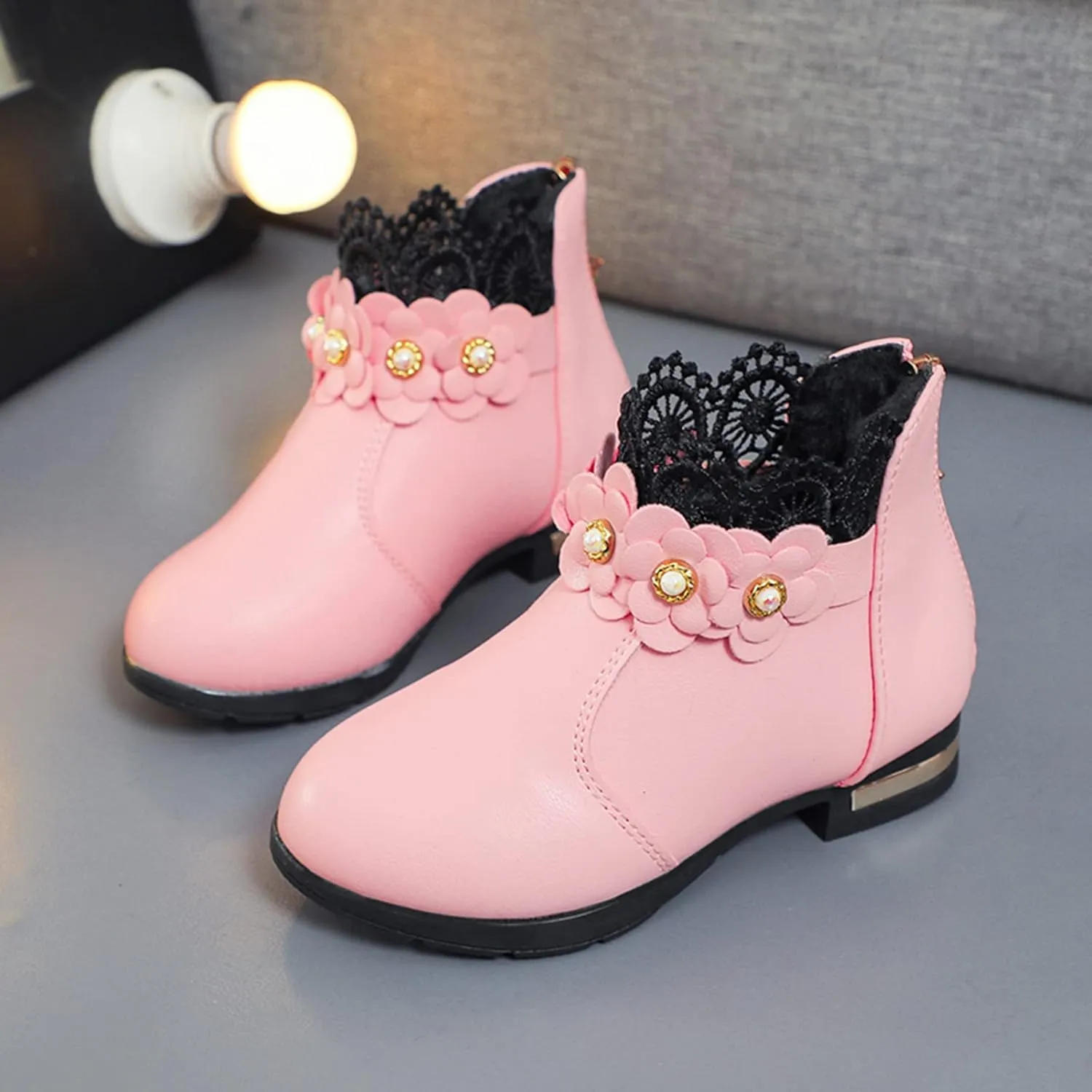 Kids Girls Ankle Boots With Side Buckle Zipper Lace Trim Dress Boot Toddler Boys Girls Fragile Strap Low Heel Shoes