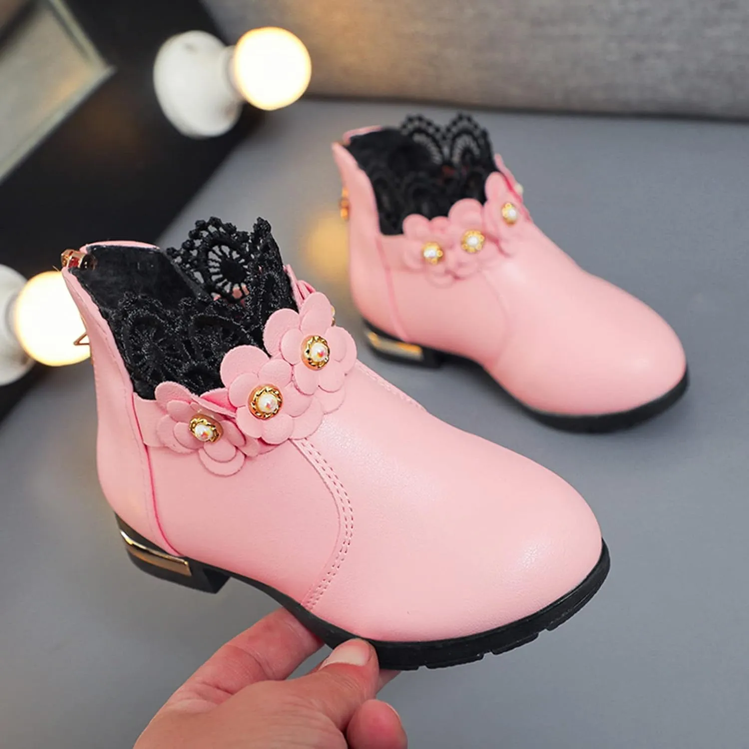 Kids Girls Ankle Boots With Side Buckle Zipper Lace Trim Dress Boot Toddler Boys Girls Fragile Strap Low Heel Shoes