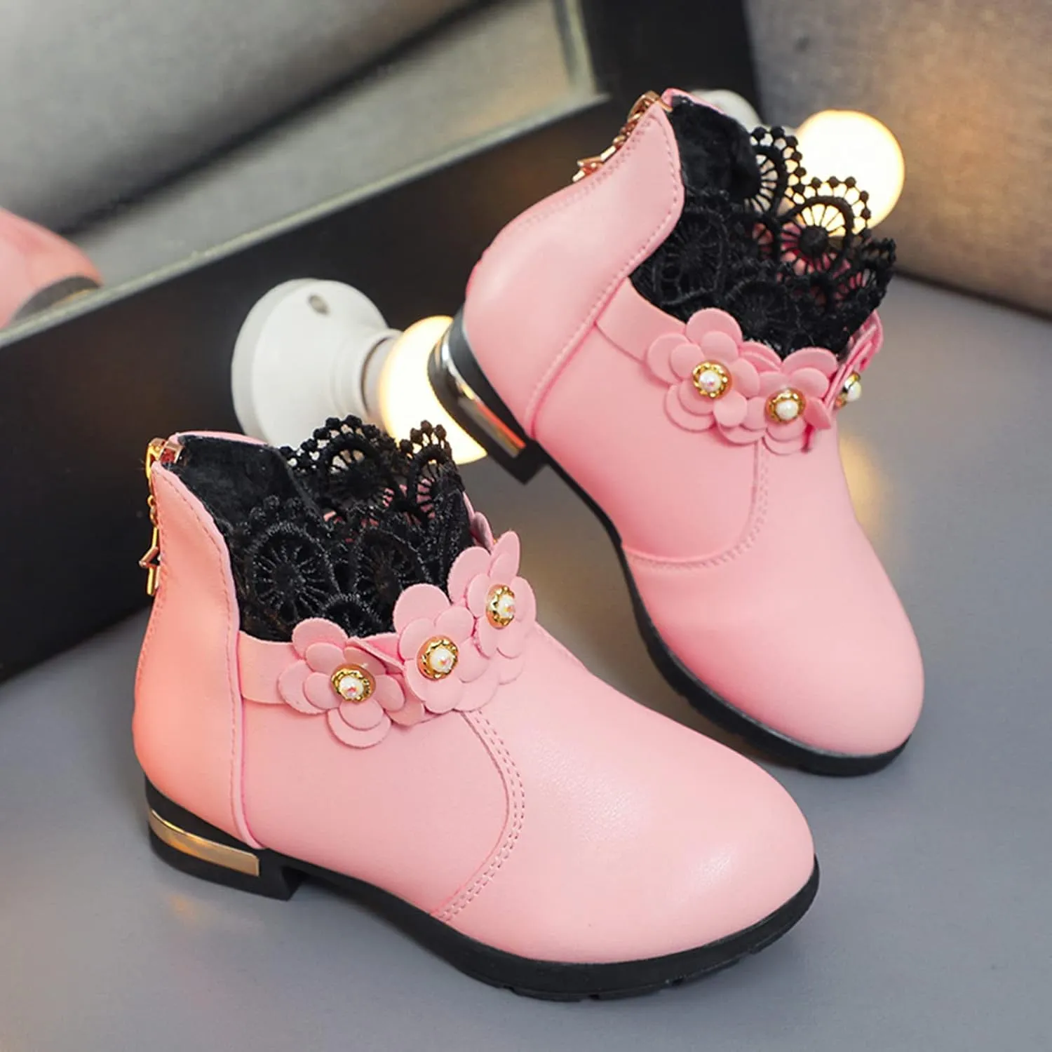 Kids Girls Ankle Boots With Side Buckle Zipper Lace Trim Dress Boot Toddler Boys Girls Fragile Strap Low Heel Shoes