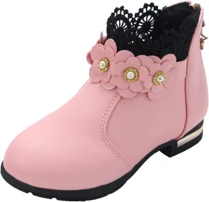 Kids Girls Ankle Boots With Side Buckle Zipper Lace Trim Dress Boot Toddler Boys Girls Fragile Strap Low Heel Shoes