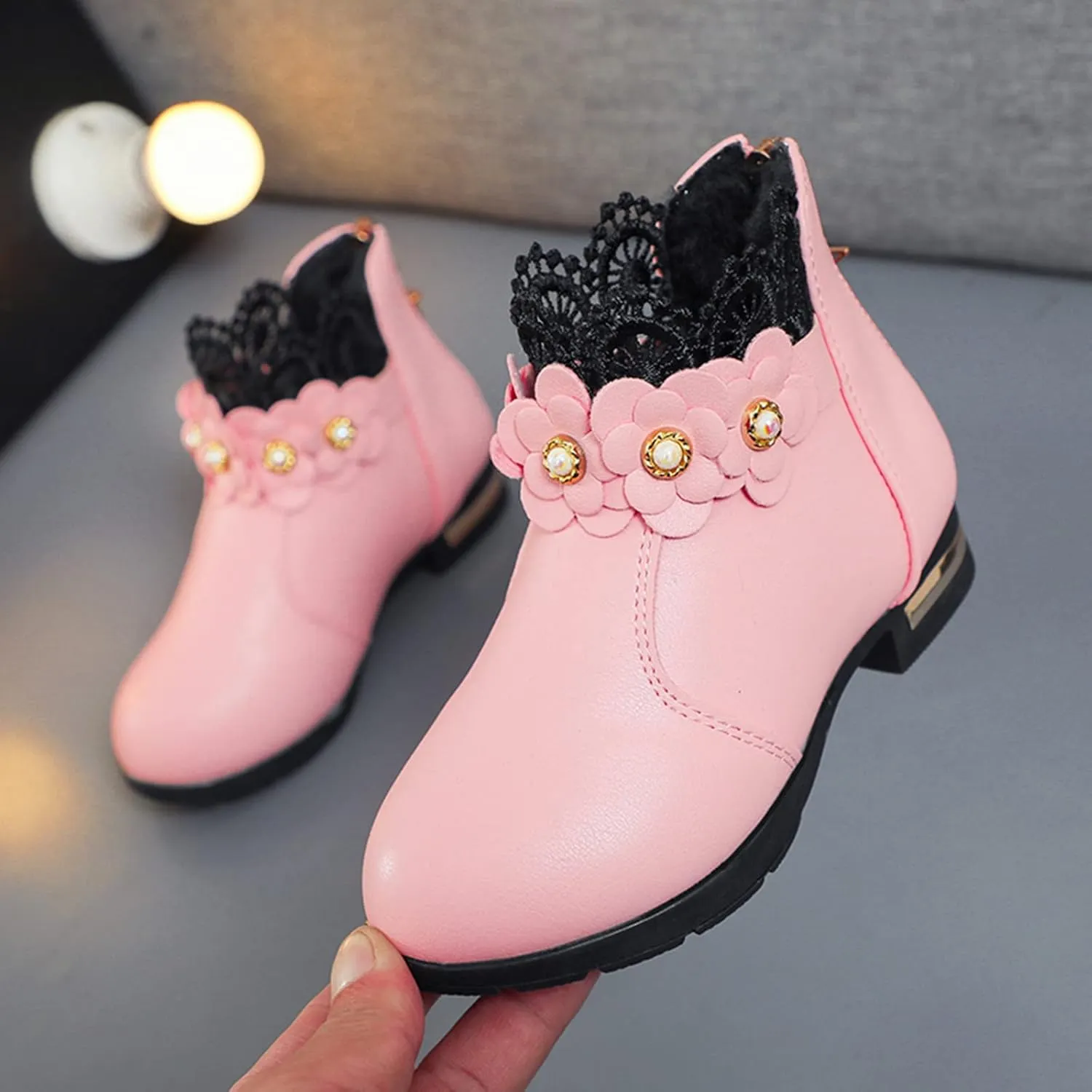 Kids Girls Ankle Boots With Side Buckle Zipper Lace Trim Dress Boot Toddler Boys Girls Fragile Strap Low Heel Shoes