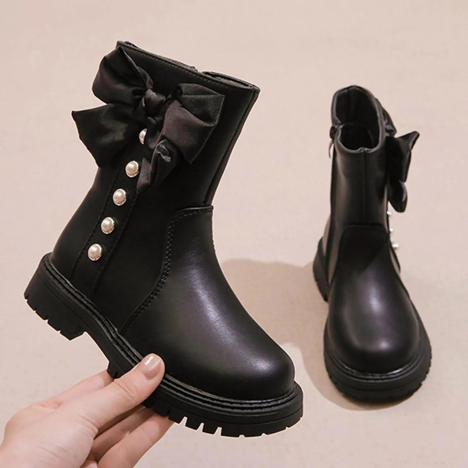 Kids Girls Knee High Heels Boots Waterproof Leather Lace-Up Side Zipper Mid Calf Boots Fall Winter Flat Riding Boots Western Cowboy Boots