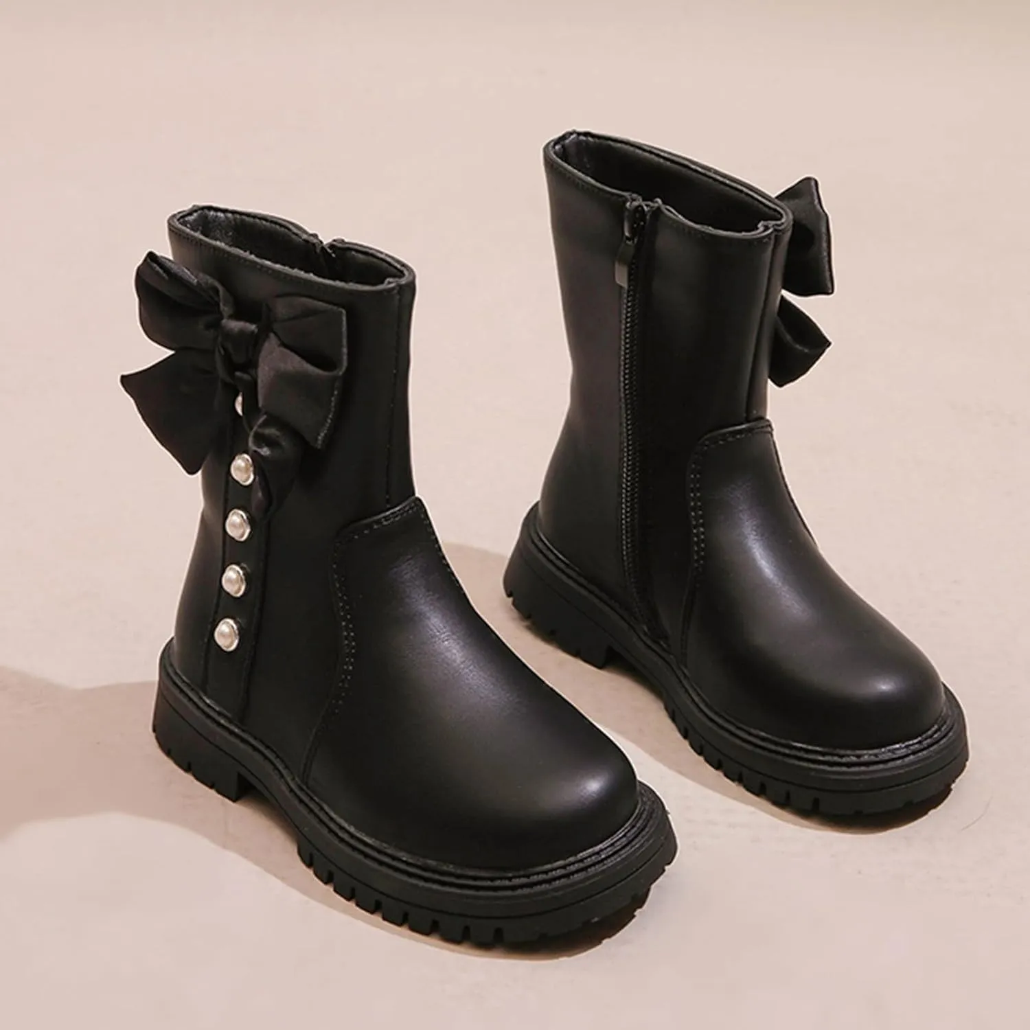 Kids Girls Knee High Heels Boots Waterproof Leather Lace-Up Side Zipper Mid Calf Boots Fall Winter Flat Riding Boots Western Cowboy Boots