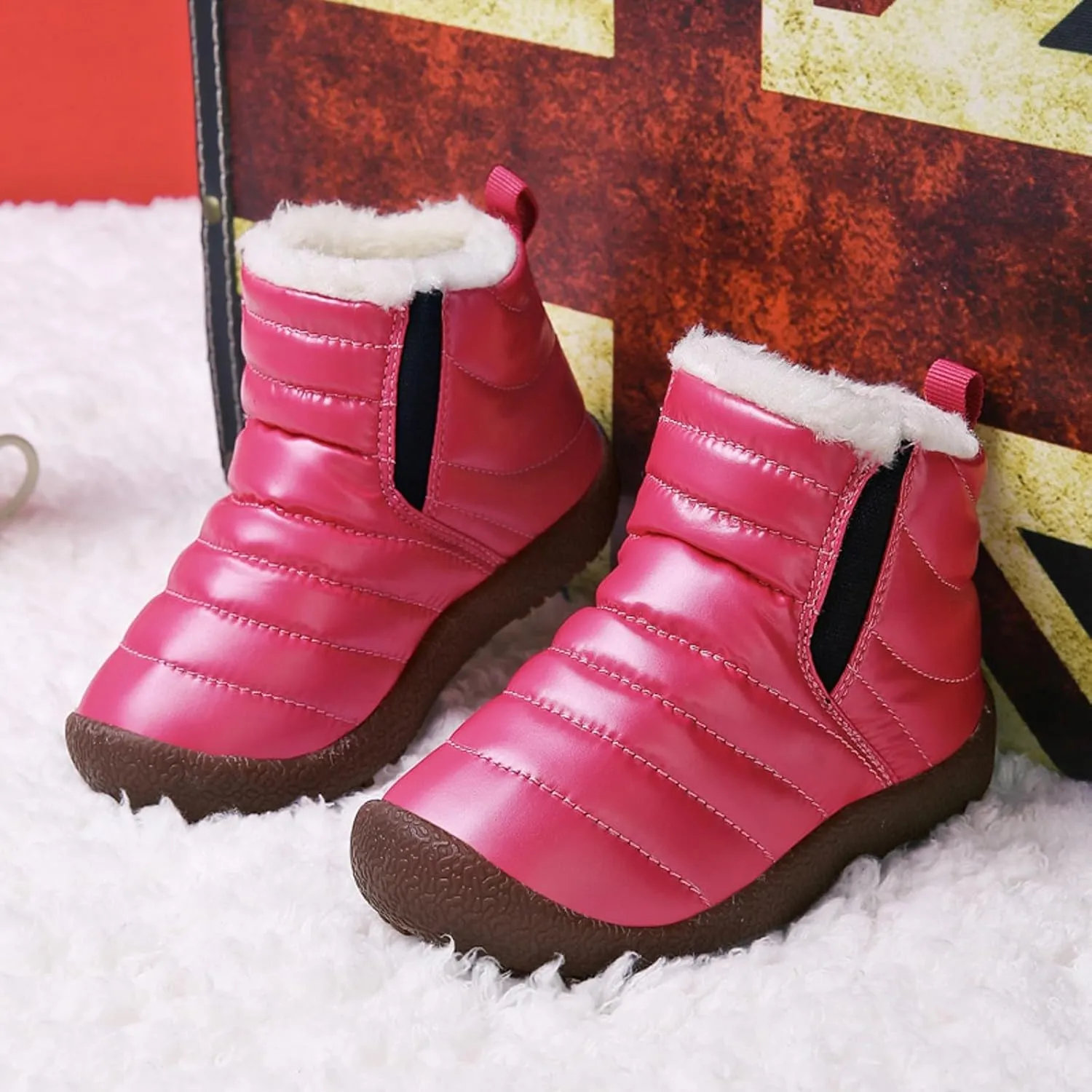 Kids Snow Boots for Boys Girls Cozy Fleece Snow Boots Kids Ankle Booties Non-Slip Zip Snow Boots for Indoor Outdoor