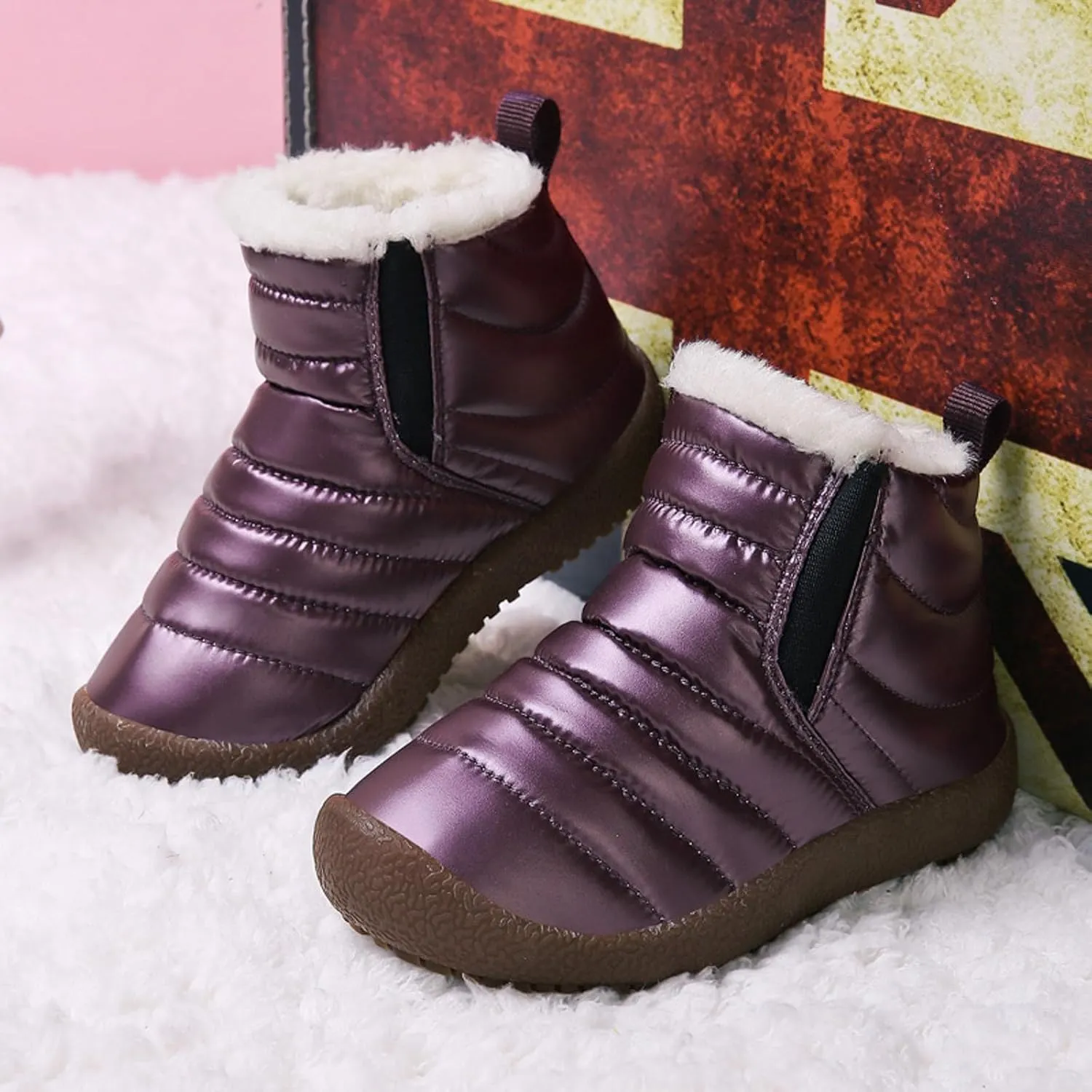Kids Snow Boots for Boys Girls Cozy Fleece Snow Boots Kids Ankle Booties Non-Slip Zip Snow Boots for Indoor Outdoor