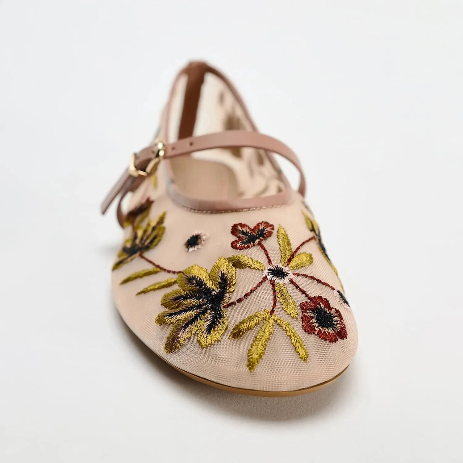 Kluolandi Women's Floral Embroidered Mesh Ballerinas Flats Shoes Dressy Comfortable Ballet Flats with Strap