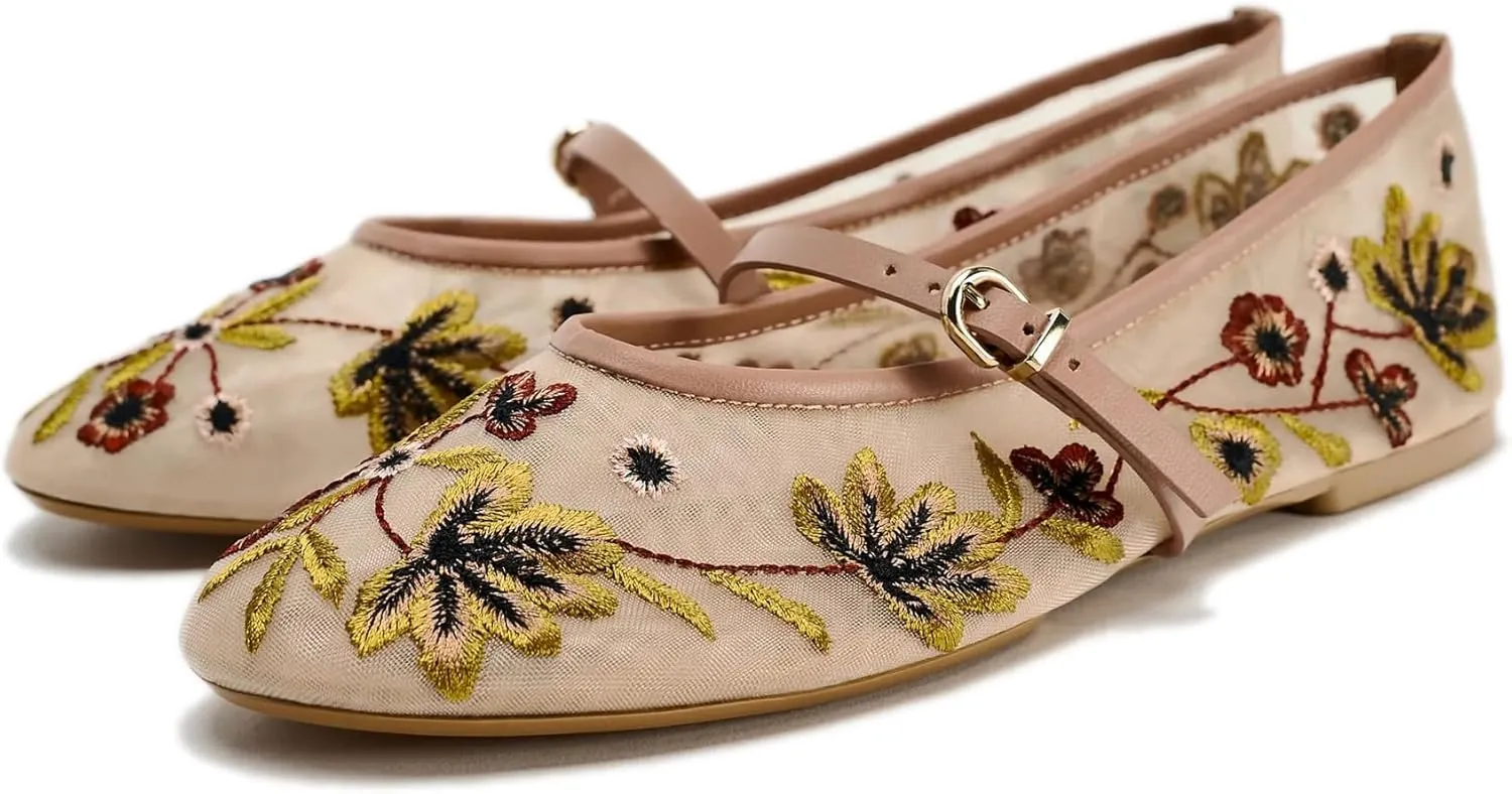 Kluolandi Women's Floral Embroidered Mesh Ballerinas Flats Shoes Dressy Comfortable Ballet Flats with Strap