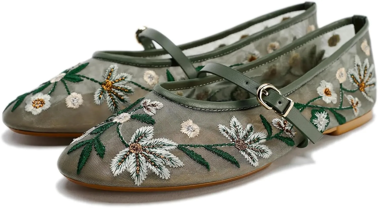 Kluolandi Women's Floral Embroidered Mesh Ballerinas Flats Shoes Dressy Comfortable Ballet Flats with Strap