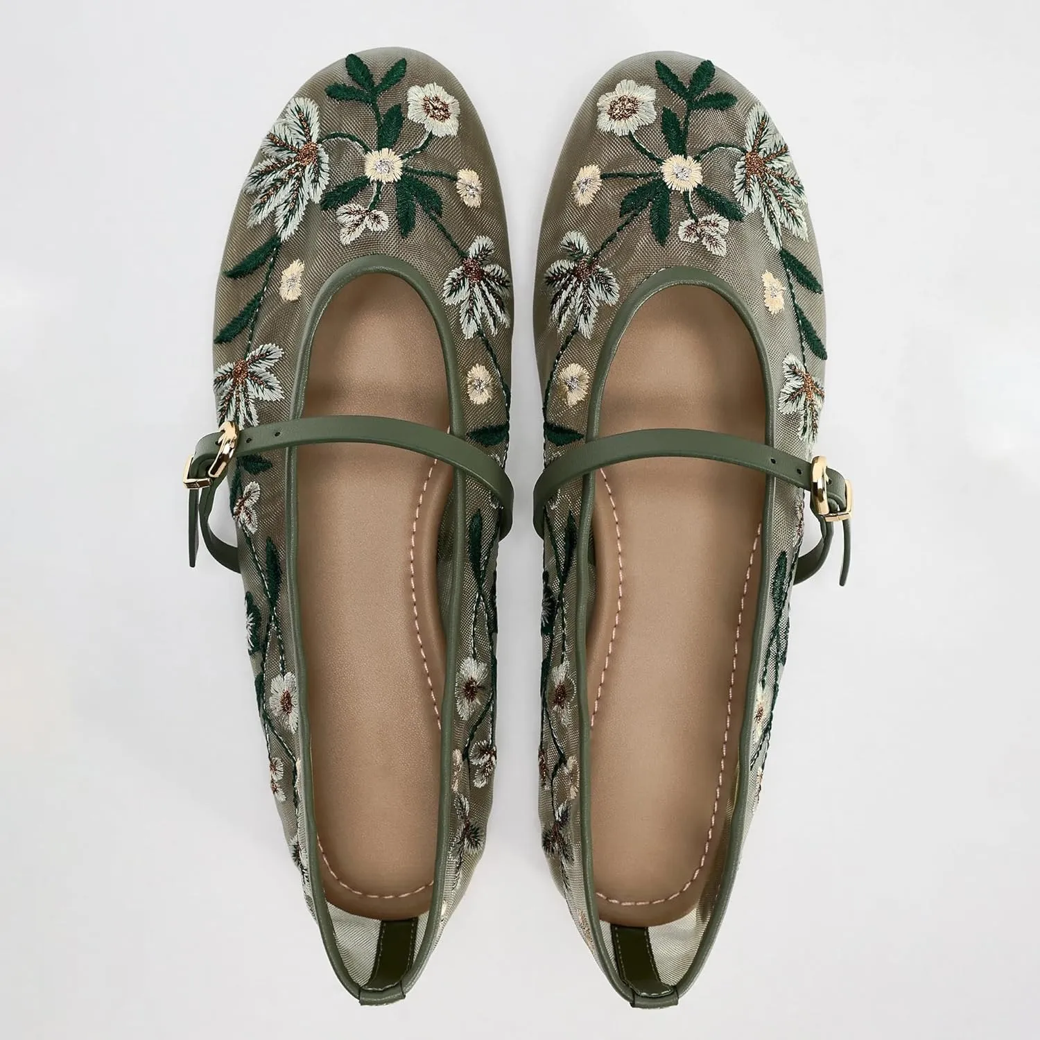 Kluolandi Women's Floral Embroidered Mesh Ballerinas Flats Shoes Dressy Comfortable Ballet Flats with Strap