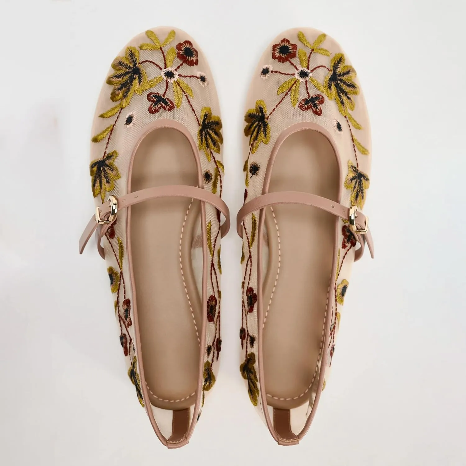Kluolandi Women's Floral Embroidered Mesh Ballerinas Flats Shoes Dressy Comfortable Ballet Flats with Strap