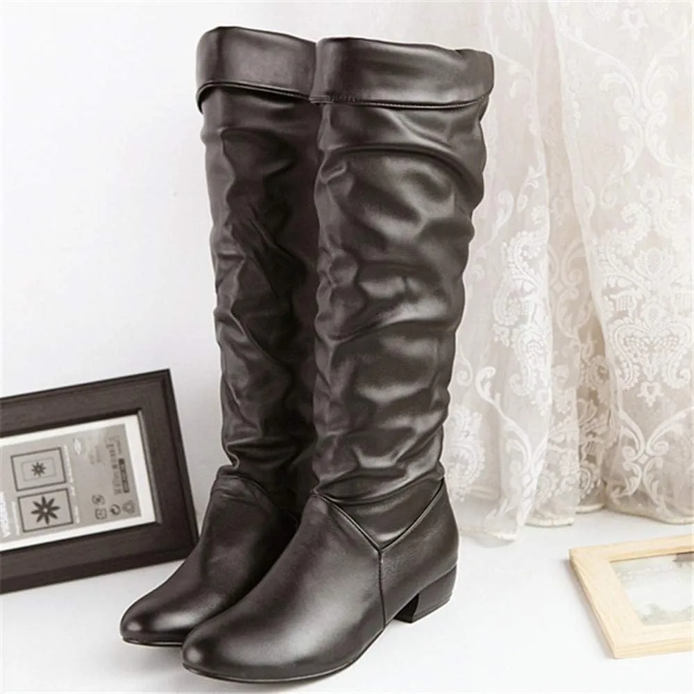 Knee High Boots for Women Round Toe Wide Calf Boots Chunky Low Heel Cowboy Boots Pull On Tall Boots Winter Shoes