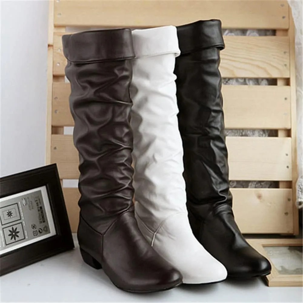 Knee High Boots for Women Round Toe Wide Calf Boots Chunky Low Heel Cowboy Boots Pull On Tall Boots Winter Shoes