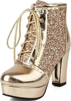 KOKOMOMO Sparkly Platform Ankle Boots Short Sequin Glitter Combat Boots Chunky Heeled Lace Up Booties
