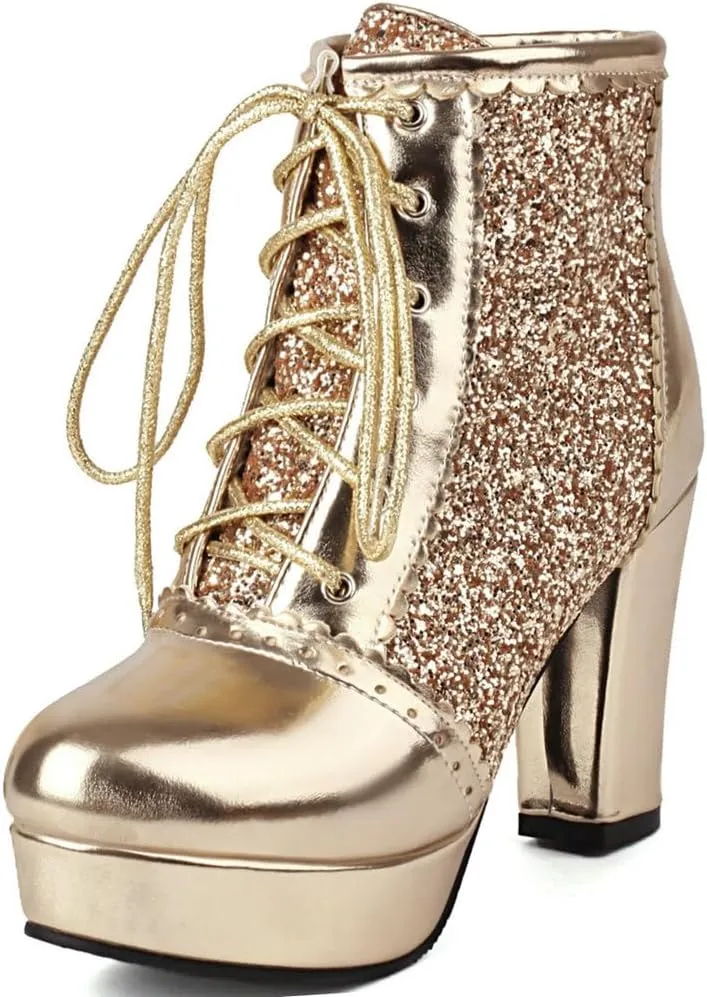 KOKOMOMO Sparkly Platform Ankle Boots Short Sequin Glitter Combat Boots Chunky Heeled Lace Up Booties