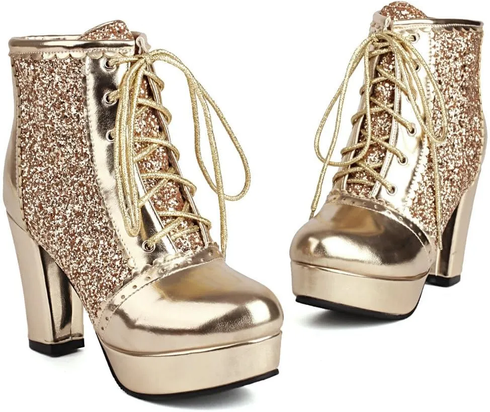 KOKOMOMO Sparkly Platform Ankle Boots Short Sequin Glitter Combat Boots Chunky Heeled Lace Up Booties