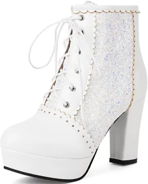 KOKOMOMO Sparkly Platform Ankle Boots Short Sequin Glitter Combat Boots Chunky Heeled Lace Up Booties