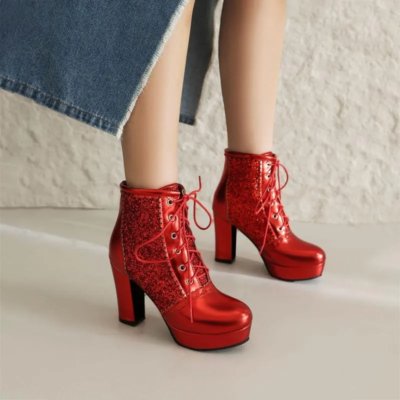KOKOMOMO Sparkly Platform Ankle Boots Short Sequin Glitter Combat Boots Chunky Heeled Lace Up Booties