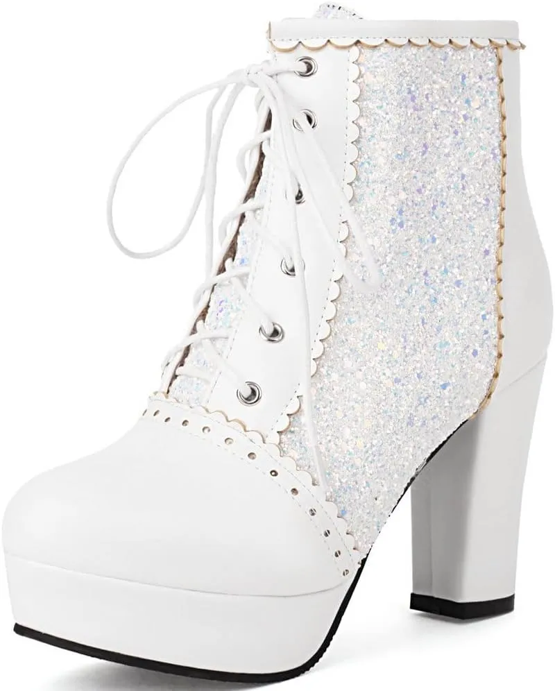 KOKOMOMO Sparkly Platform Ankle Boots Short Sequin Glitter Combat Boots Chunky Heeled Lace Up Booties