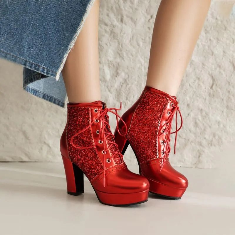 KOKOMOMO Sparkly Platform Ankle Boots Short Sequin Glitter Combat Boots Chunky Heeled Lace Up Booties
