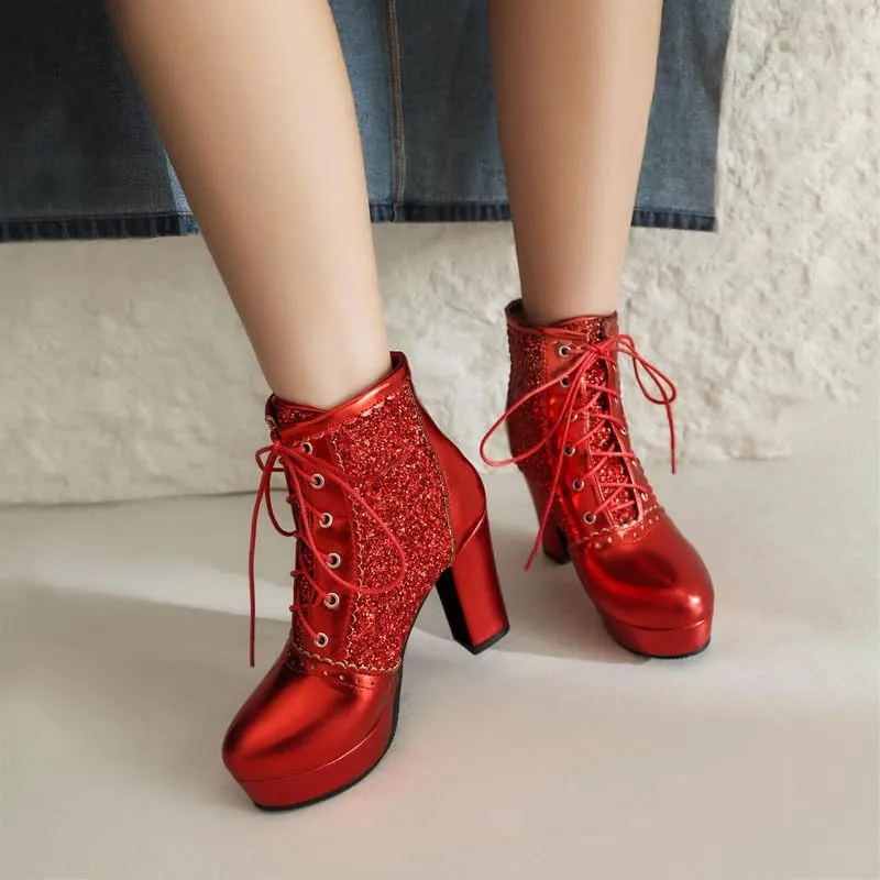 KOKOMOMO Sparkly Platform Ankle Boots Short Sequin Glitter Combat Boots Chunky Heeled Lace Up Booties