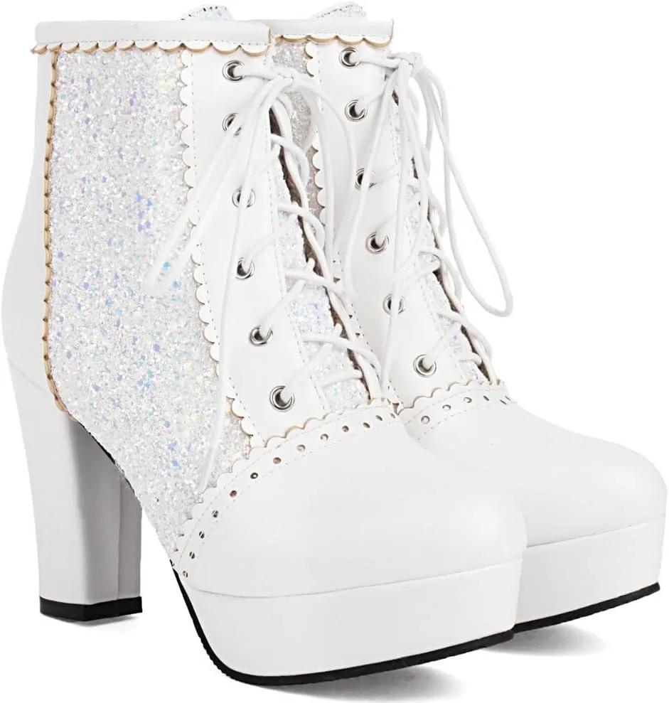 KOKOMOMO Sparkly Platform Ankle Boots Short Sequin Glitter Combat Boots Chunky Heeled Lace Up Booties