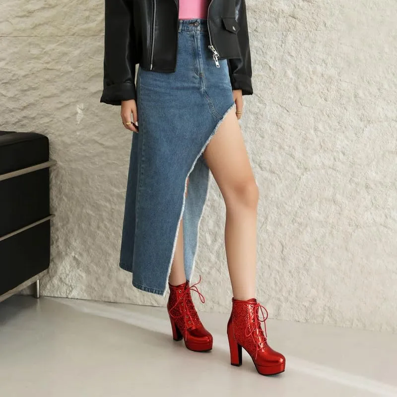KOKOMOMO Sparkly Platform Ankle Boots Short Sequin Glitter Combat Boots Chunky Heeled Lace Up Booties