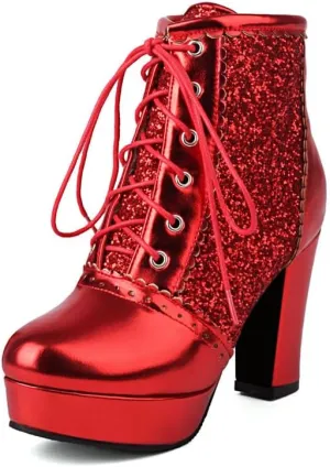 KOKOMOMO Sparkly Platform Ankle Boots Short Sequin Glitter Combat Boots Chunky Heeled Lace Up Booties