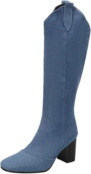 Ladies Cowboy Fashion Vintage Boots Pointed Toe Low Heel Side Zipper Knee Boots Knee High Boots 12w Women Wide Calf (Blue, 7.5)
