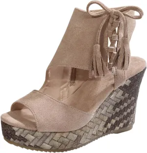 Ladies Weave Open Toe Tassels Flock Zipper Summer Slope Heel Thick Soled Wedges Sandals Womens Breathable Shoes