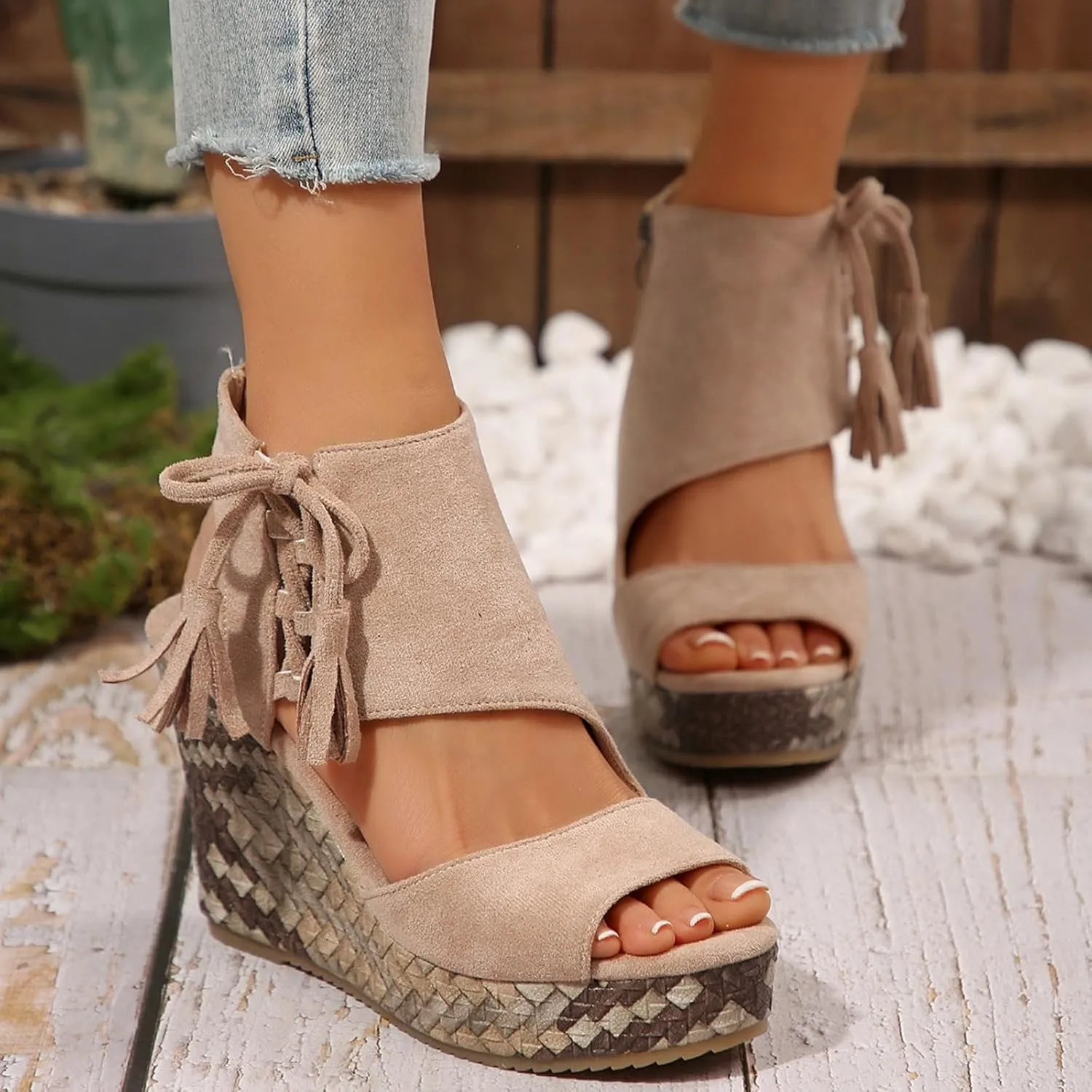 Ladies Weave Open Toe Tassels Flock Zipper Summer Slope Heel Thick Soled Wedges Sandals Womens Breathable Shoes