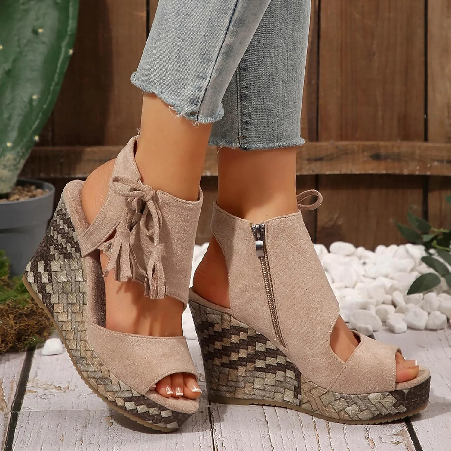 Ladies Weave Open Toe Tassels Flock Zipper Summer Slope Heel Thick Soled Wedges Sandals Womens Breathable Shoes