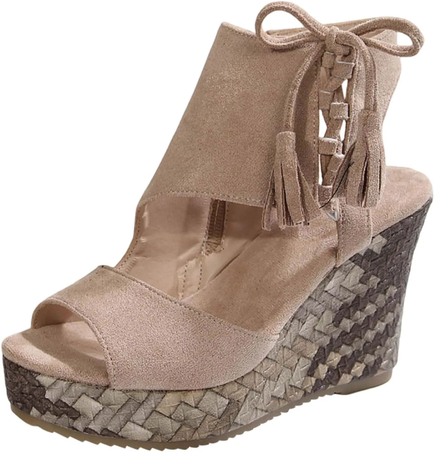Ladies Weave Open Toe Tassels Flock Zipper Summer Slope Heel Thick Soled Wedges Sandals Womens Breathable Shoes