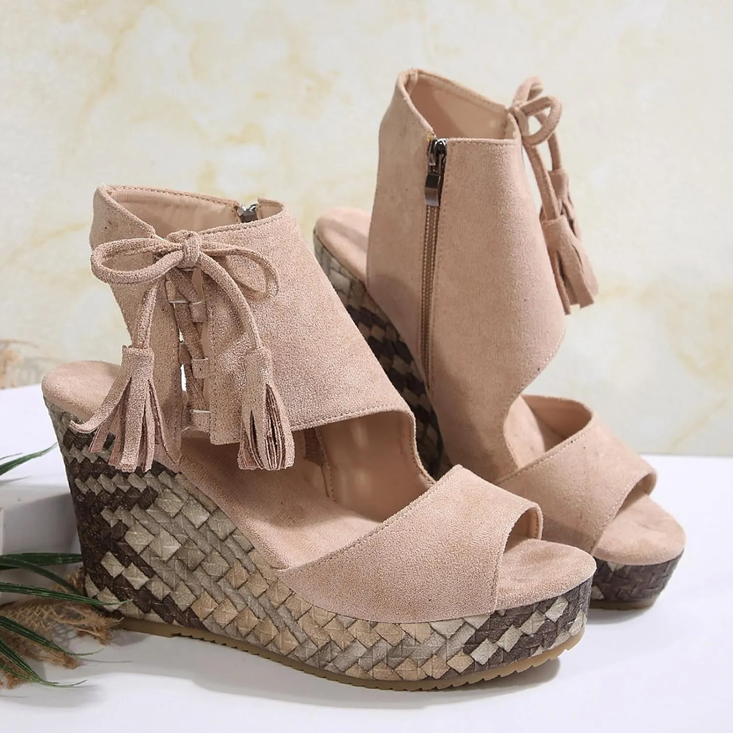 Ladies Weave Open Toe Tassels Flock Zipper Summer Slope Heel Thick Soled Wedges Sandals Womens Breathable Shoes