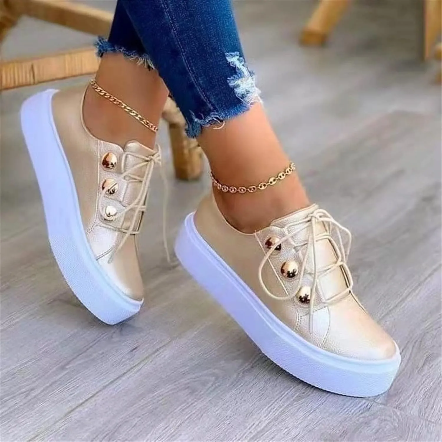 Ladmiple Shoes For Women Dressy Casual Flats Leather Sneakers Low Top Lace Up Fashion Comfortable Summer Slip On Loafers