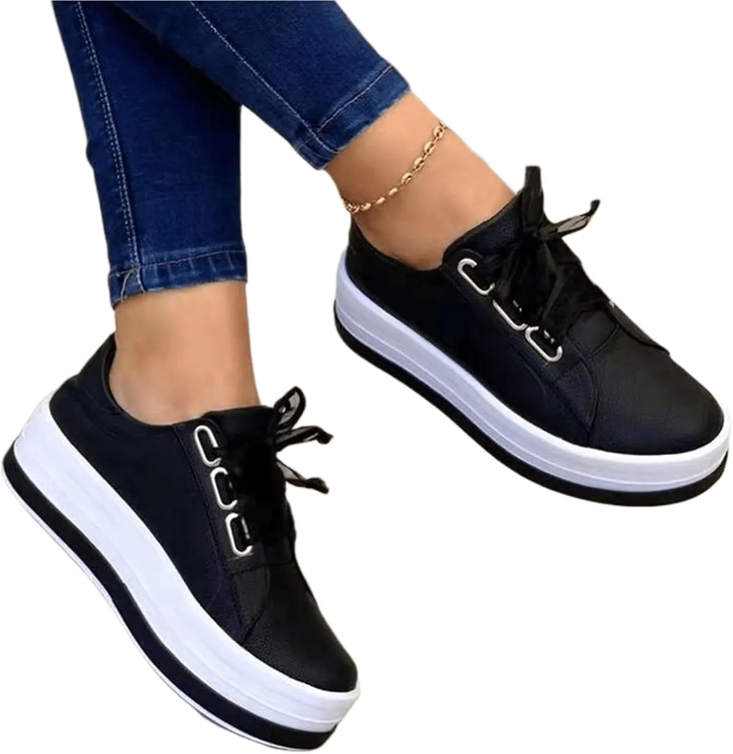 Ladmiple Shoes For Women Sneakers Slip Ons Lace Up Fashion Casual Summer Platform Leather Walking Shoes Flats Loafers